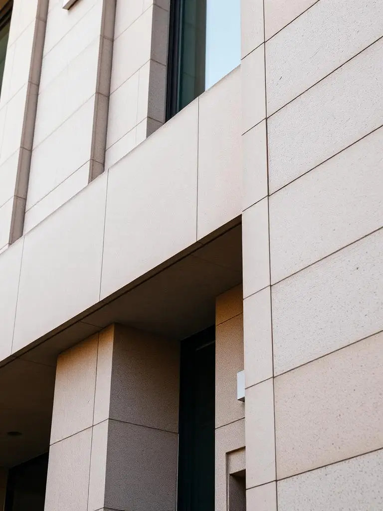 Détail de façade en béton et pierre d'un bâtiment contemporain