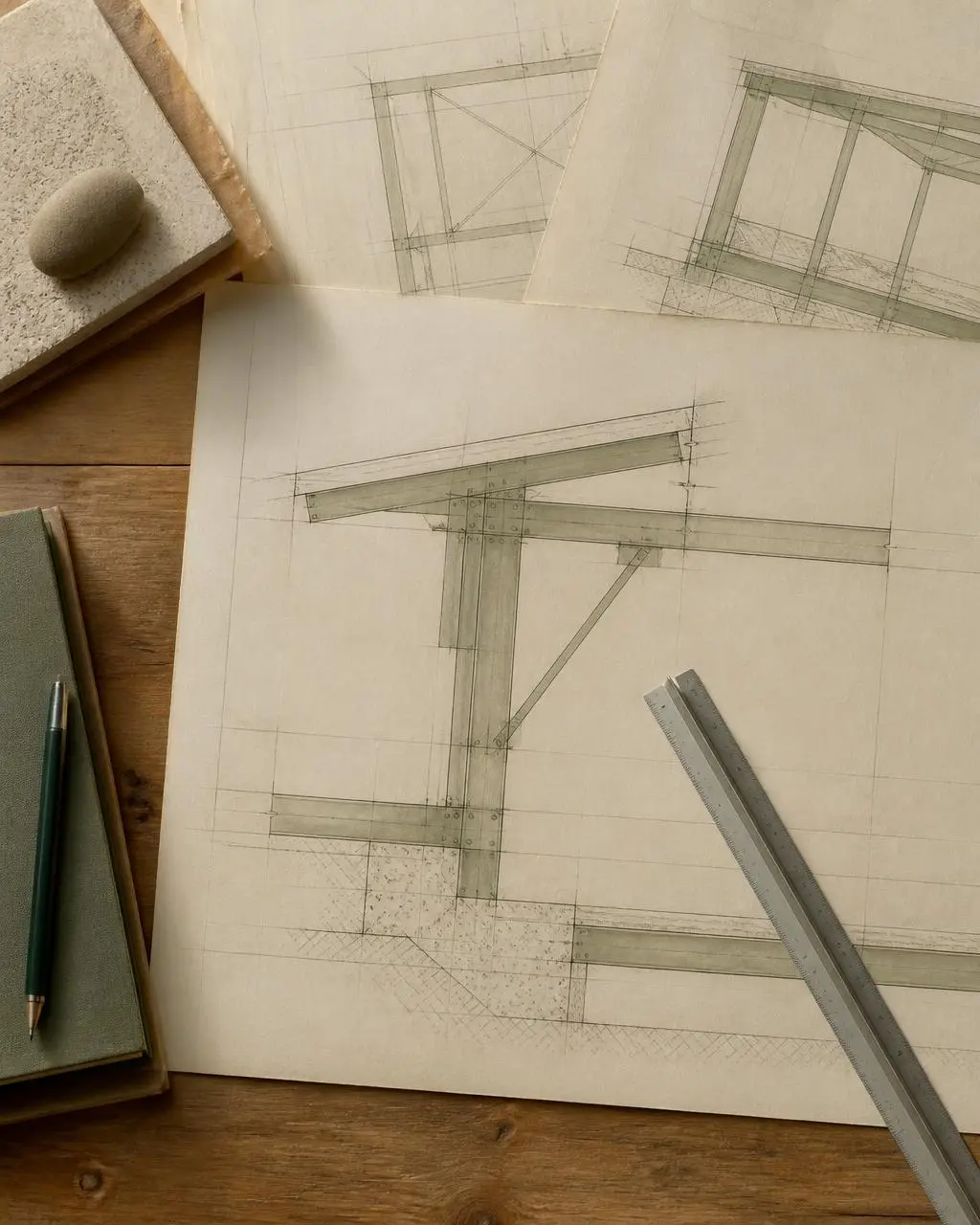 Plans techniques de structure et réglet sur une table à dessin