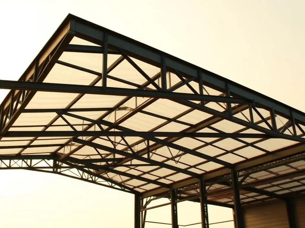 Charpente métallique d'un hangar industriel vue en contre-plongée