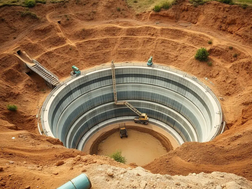 Réservoir d'eau semi-enterré en béton en cours de réalisation