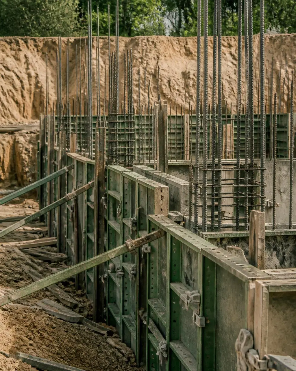Coffrage et ferraillage en béton armé sur un chantier actif