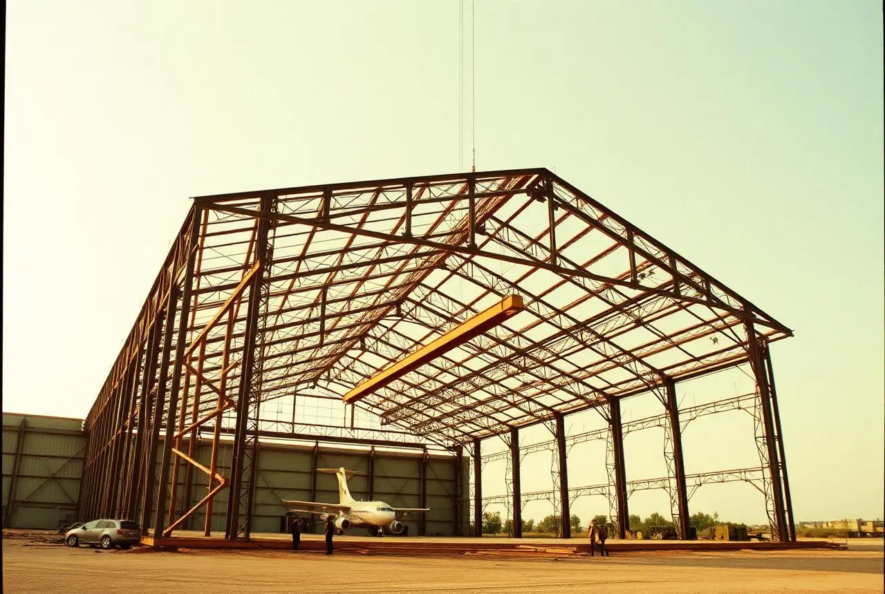 Charpente métallique d'un hangar en cours de montage